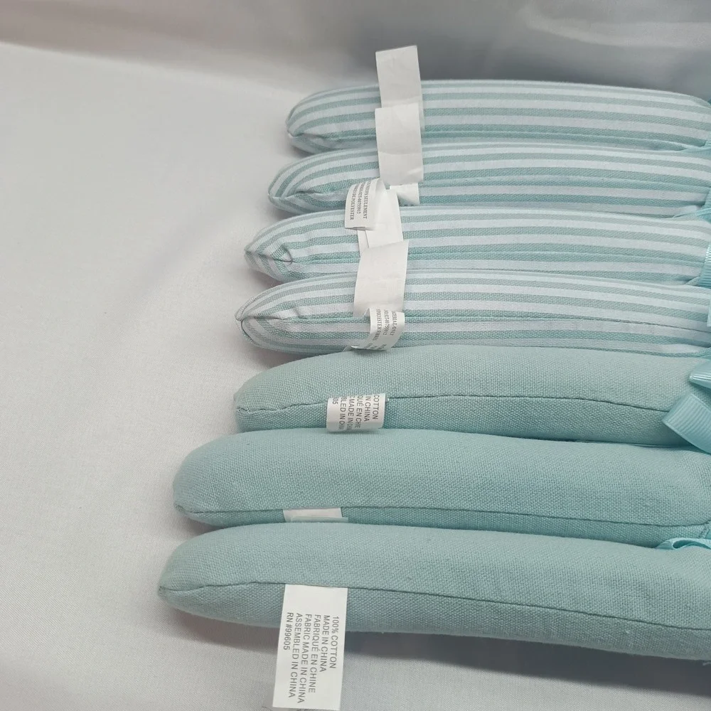Set of 7 Light Blue Padded Hangers Cotton Striped and Solid Ribbon Bows RN99605